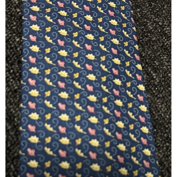 Vineyard Vines Silk Tie Navy Blue Pink Yellow Leaf Pattern Men's Fall‎ Holiday - Picture 3 of 6